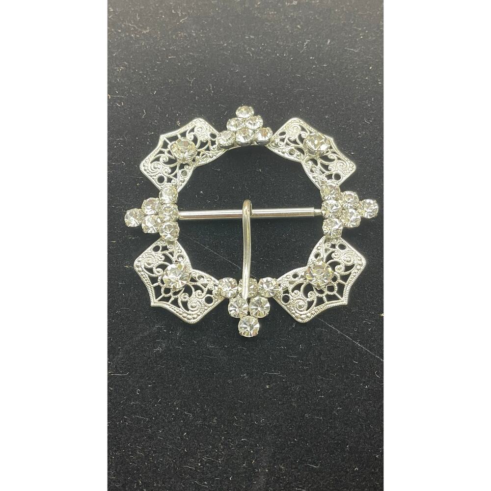 Vintage Silver Tone Rhinestone Filigree Scarf Clip Brooch Openwork Pin